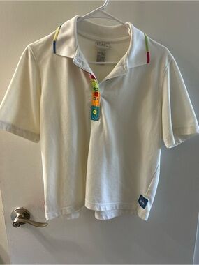 White Women’s Polo Top with Color-Block Trim
